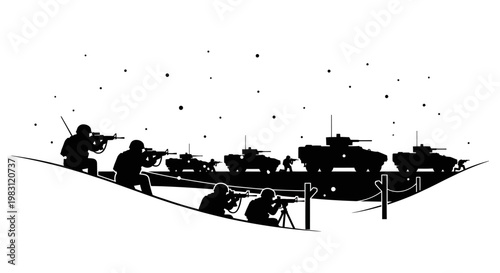 Military convoy and soldiers in silhouette against a snowy landscape