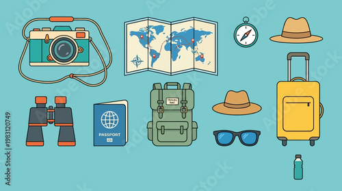 Travel accessories on a blue background.