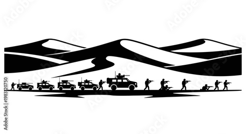 Military Convoy in Desert: Soldiers and Armored Vehicles on Patrol