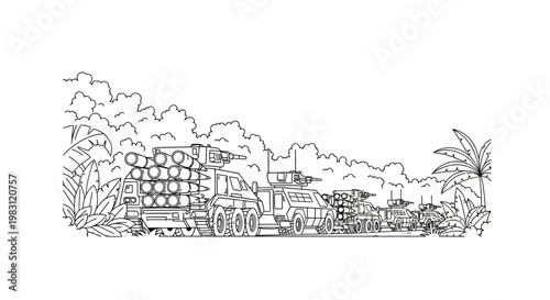 Military convoy in jungle, armed vehicles, trucks, and soldiers, illustration
