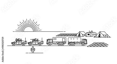 Military Convoy Desert Camp Sunset Line Art Illustration