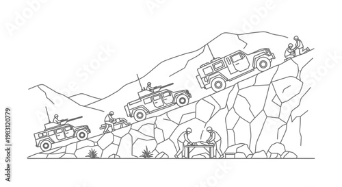Military convoy on rocky mountain terrain, soldiers operating vehicles and equipment