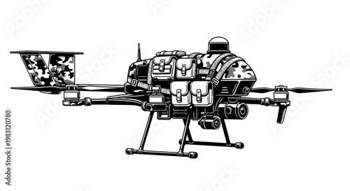 Military Drone with Cargo Bags, Camouflage Design, Quadcopter for Surveillance and Delivery