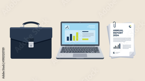 Laptop next to briefcase and report.