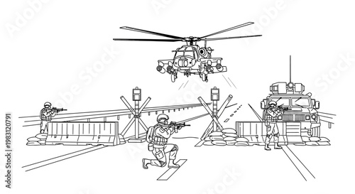 Military Helicopter and Soldiers Secure Checkpoint with Armored Vehicle and Barriers