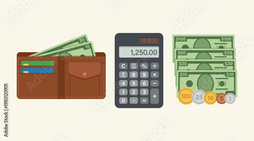 Wallet with money and calculator.