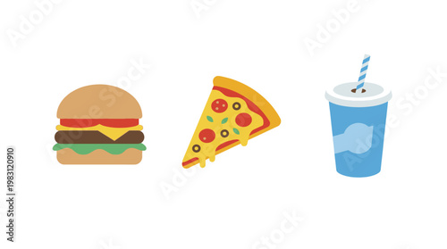 Hamburger pizza slice and soda cup.