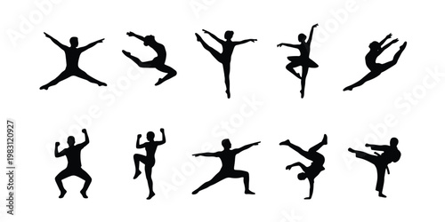 Dynamic dancer silhouettes set, 10 black vector figures in motion, athletic ballet and contemporary dance poses, martial arts and gymnastics icons