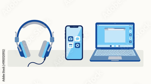 Blue headphones phone and laptop computer.