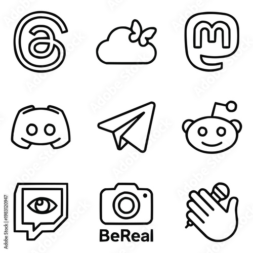Next Gen Social Media Icons Pack, Monochrome Outline Vector Set, Threads Discord Telegram Reddit Bluesky Mastodon