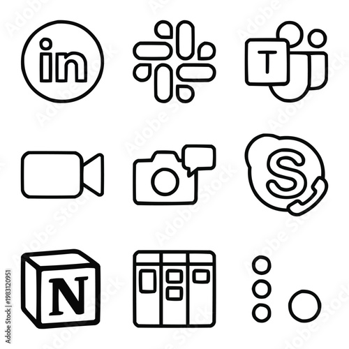Corporate Communication Icons Set 2026, Black Outline Vector, LinkedIn Slack Teams Zoom Notion Trello Skype