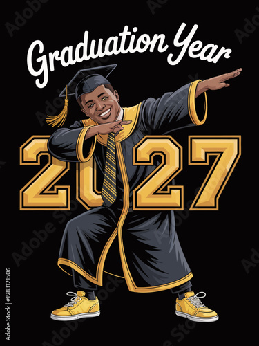 A cartoon graduate in cap and gown stands proudly in front of bold '2027' lettering. The graduate's pose is dynamic and joyful.