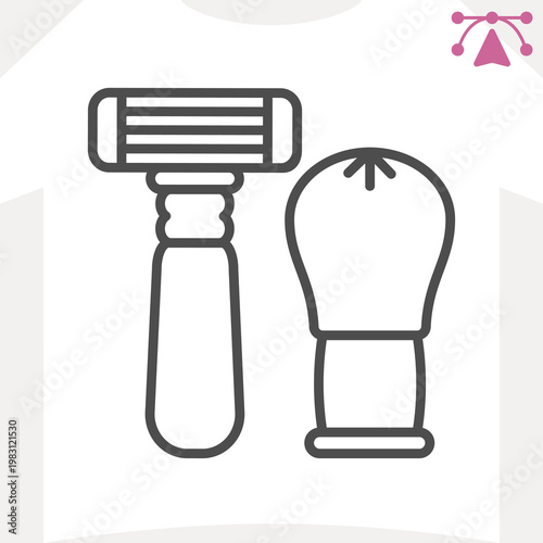 Razor and aftershave brush line icon, grooming kit concept. Vector graphics. Shaving razor and facial brush sign and editable stroke, outline style icon for mobile or web design.