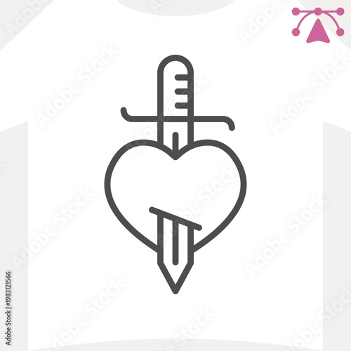Heart pierced by sword line icon, tattoo concept. Vector graphics. Shape of heart and knife sign and editable stroke, outline style icon for mobile or web design.