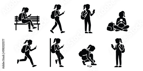 Student girl silhouette icons set, school girl with backpack using smartphone, female teenager walking and sitting with mobile phone vector
