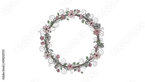 Delicate circular floral wreath made of pink and grey flowers with green leaves and thin brown vines on a white background.