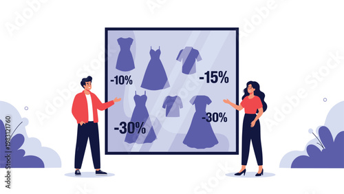 Man and woman standing beside a large digital screen showing various clothing items with different percentage discount labels.