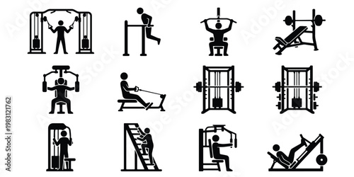 Gym equipment icons set, 12 fitness workout machine pictograms, black silhouette weightlifting and bodybuilding vector elements for exercise apps