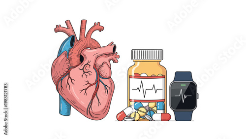 Health and wellness concept featuring an anatomical human heart next to a bottle of pills and a smartwatch showing a pulse.