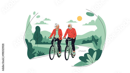 Elderly couple riding bicycles together on a winding path through a green landscape with rolling hills and a bright sun in the sky.