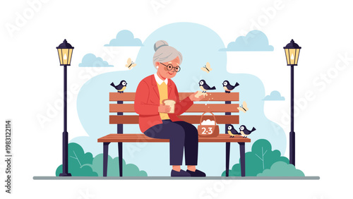 Elderly woman sitting on a wooden park bench and feeding small birds with bread crumbs on a cloudy day with street lamps and greenery around.