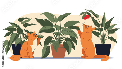 Two playful orange cats interacting with large green indoor plants in pots, with one cat sniffing a leaf and another reaching for a cherry.