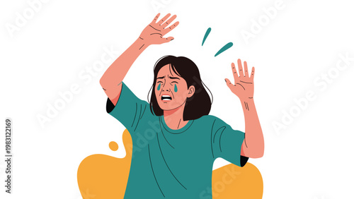 Crying young woman with tears on her face and hands raised in a gesture of fear or desperation against a white background with yellow shape.