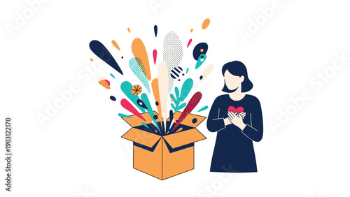 Woman standing next to an open cardboard box with colorful abstract shapes exploding from it while holding a red heart against her chest.