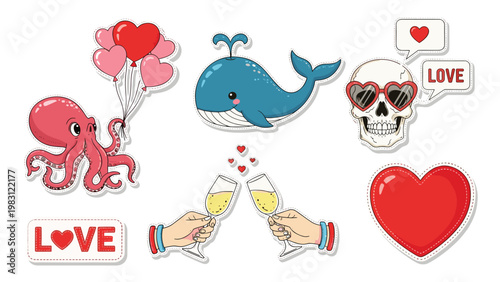 Set of colorful stickers related to love and romance including octopus with balloons, a whale, a skull with heart glasses, and a red heart.