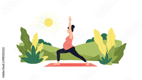 Healthy pregnant woman practices a yoga warrior pose on a mat in a lush green park during a sunny day outdoors.