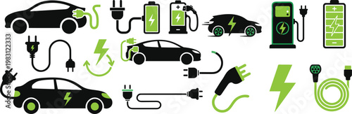 Electric car charging icon set. EV station, plug, socket, hybrid car, green electric car with plug symbol on white background - stock vector.