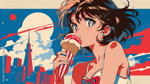 レトロな街並みとアイスクリームを楽しむ女性を描いたポップイラスト、可愛らしさと懐かしさを感じる構図が印象的で映像制作やSNS投稿に最適な高品質ビジュアル