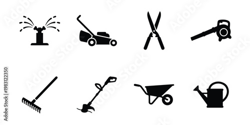 Gardening tools icon set with lawn mower and sprinkler, 8 black vector silhouettes for landscaping and yard maintenance, garden equipment collection