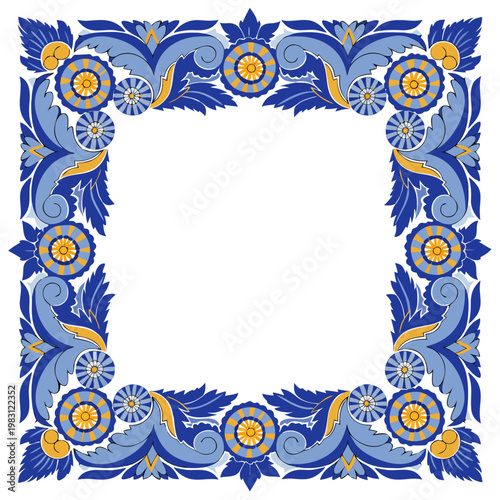 Intricate Blue and Yellow Floral Border Design in a Huichol Beadwork Style