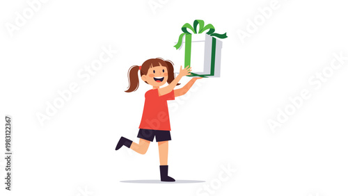 Excited young girl runs happily while carrying a large white gift box tied with a green ribbon on a plain background.
