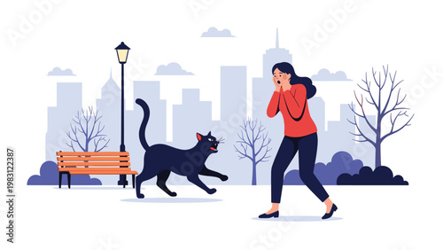 Frightened woman in a city park reacts with shock as a black cat crosses her path near a bench during the daytime.