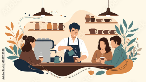 Friendly barista prepares fresh coffee for a couple sitting at the counter in a modern and stylish cafe setting.