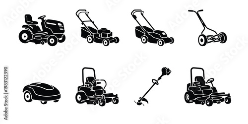 Lawn mower icon set with 8 vector elements, garden equipment silhouette collection, professional landscaping machinery and grass cutting tools
