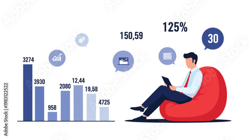 Relaxed businessman sits on a red beanbag and reviews financial graphs and charts on his tablet computer device.