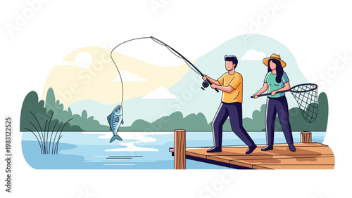 Man and a woman enjoy a quiet afternoon fishing together from a wooden pier on a calm lake with distant hills.