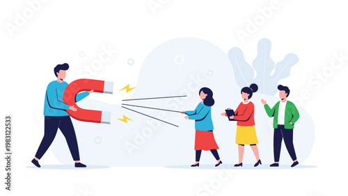 Businessman uses a large red magnet to attract potential new customers and candidates in a marketing concept.