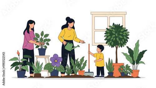 Two women and a young boy work together to care for various potted plants and flowers in a garden near a window.