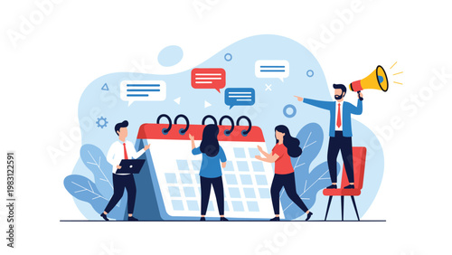 Team of office workers collaborates to plan their schedule and tasks on a giant calendar in a creative office.