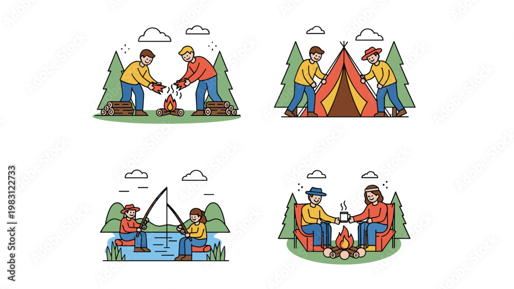 Naklejka premium Multiple illustrations show people engaged in various camping activities like building fires, fishing, and pitching tents.
