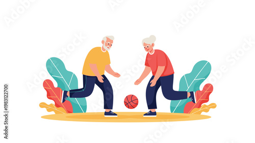 Energetic elderly couple enjoys playing basketball together in a vibrant park surrounded by colorful leaves.
