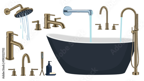 Modern collection of bathroom fixtures includes various faucets, a shower head, and a stylish black bathtub.