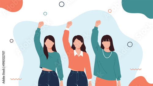 Group of three women stand together and raise their fists in a strong and symbolic show of female solidarity.