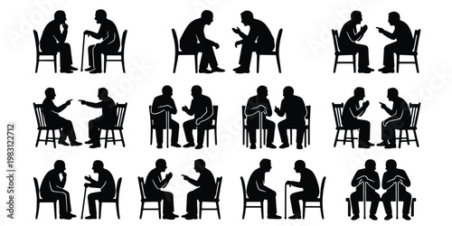 Elderly men sitting and talking silhouette set, senior male characters in conversation, 10 vector icons of old people communicating