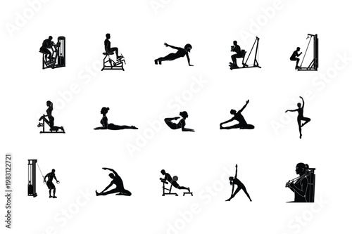 Advanced Core Strength and Flexibility Silhouettes Deep Split, Plank, Bodyweight Pushups, and Intensive Floor Exercise Graphics Set