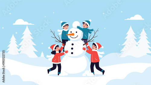 Happy children are building a snowman together in a snowy park filled with beautiful evergreen trees during a cold winter day.